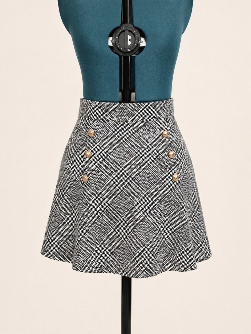 High-Waist Plaid Circle Skirt with Gold Buttons - Black